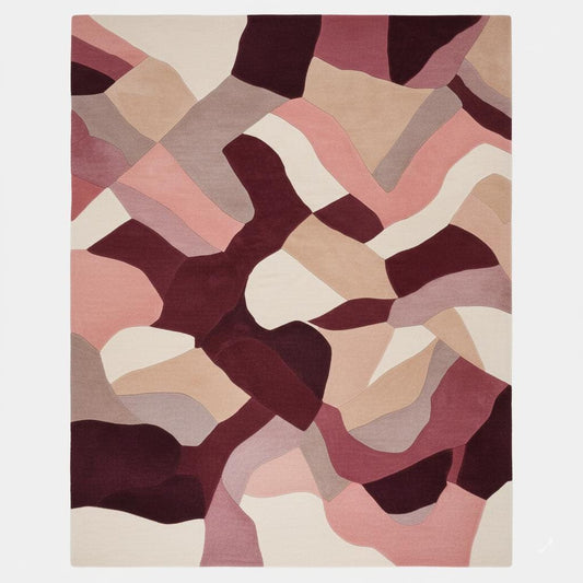 Abstract area rug with burgundy, blush, mauve, and cream geometric organic shapes, 9x12 feet large contemporary living room carpet