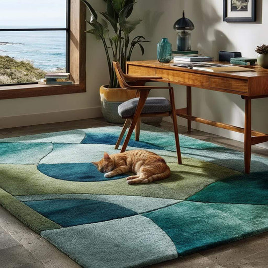 Abstract Blue Green Area Rug: Modern Coastal Geometric Carpet