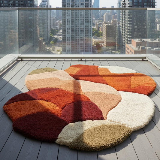 Abstract shag rug with irregular curved edges in terracotta and earthy tones, modern patchwork carpet for living room decor
