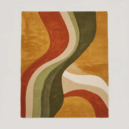 Abstract wool rug with retro geometric pattern and organic curves in warm earthy tones