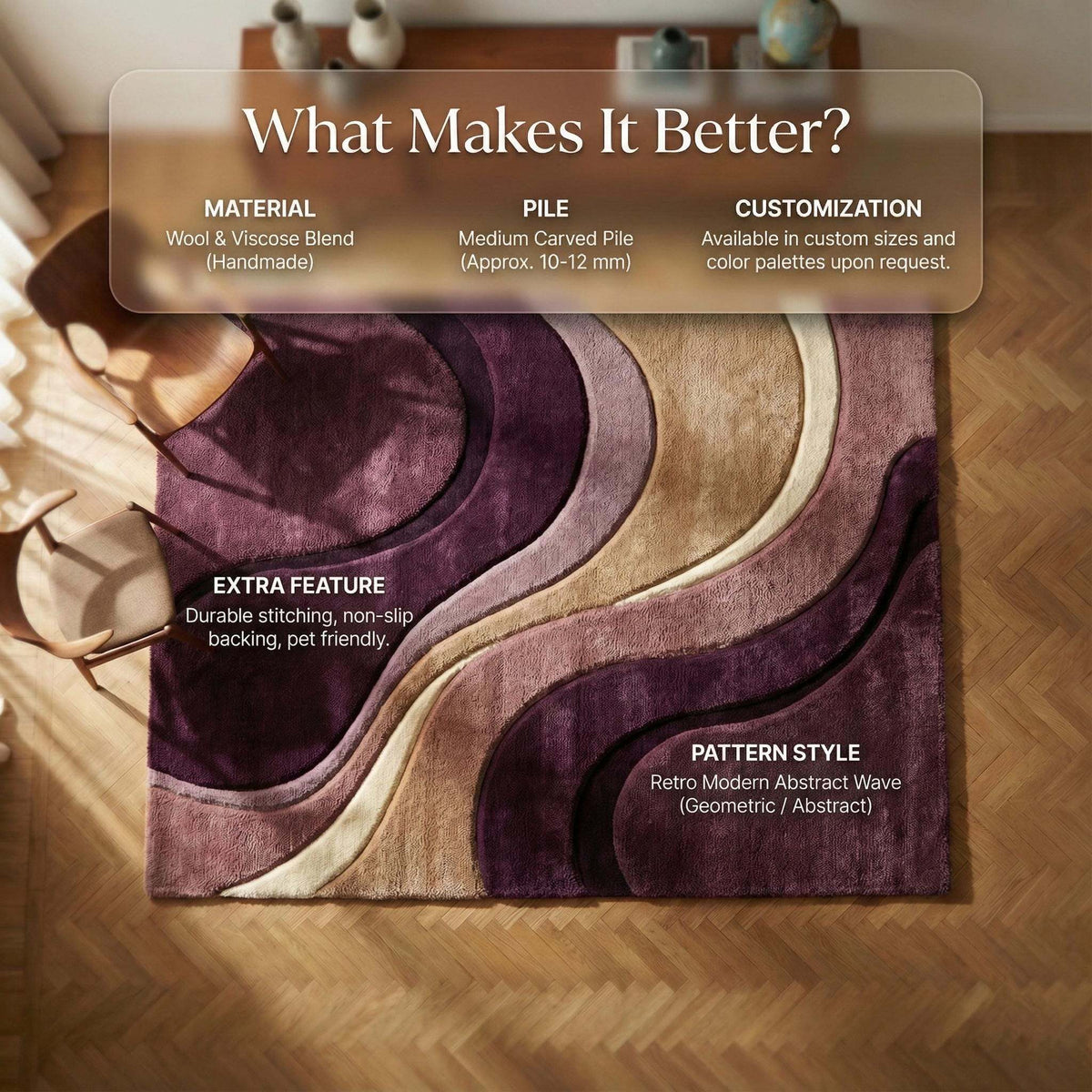 Abstract wave hand tufted area rug with curved plum, mauve, and beige design in modern living room setting