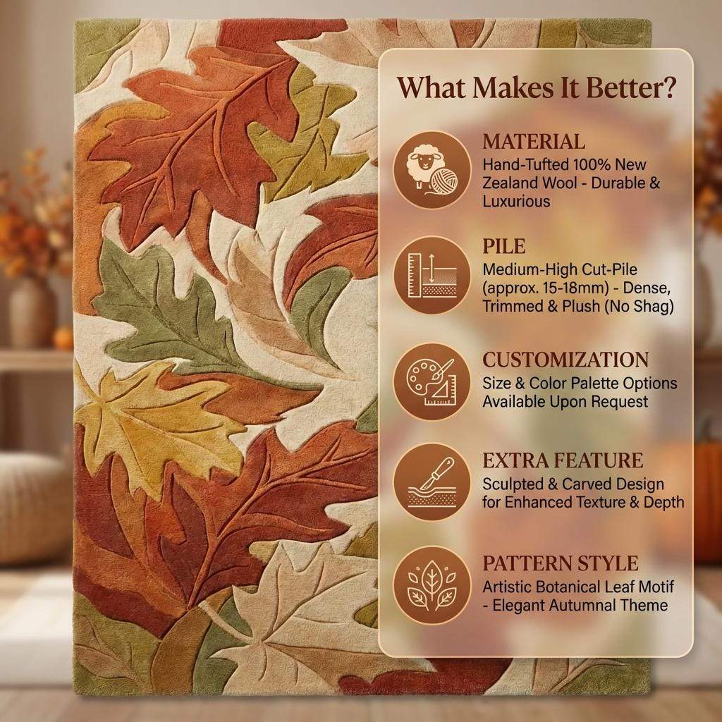 Autumn Leaf Area Rug, Hand Tufted Fall Living Room Carpet, Cozy Nature Decor, Rustic Modern Floor Rug