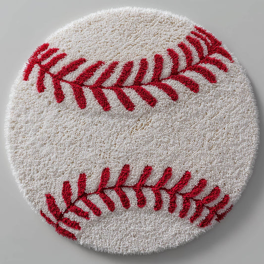 Hand-tufted round baseball rug with red stitching, soft and durable kids sports theme carpet