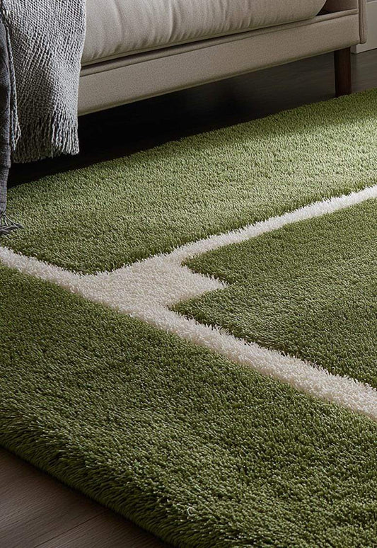 Handmade green baseball field wool rug for kids playroom and living room decor