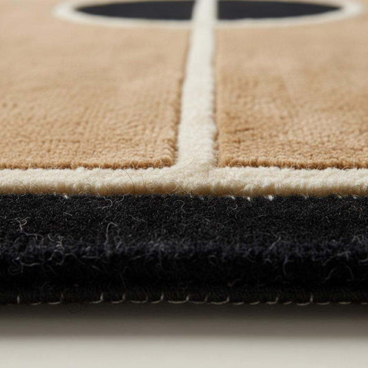 Close-up of plush hand-tufted basketball rug showing medium pile texture, carved court lines, and soft fibers.