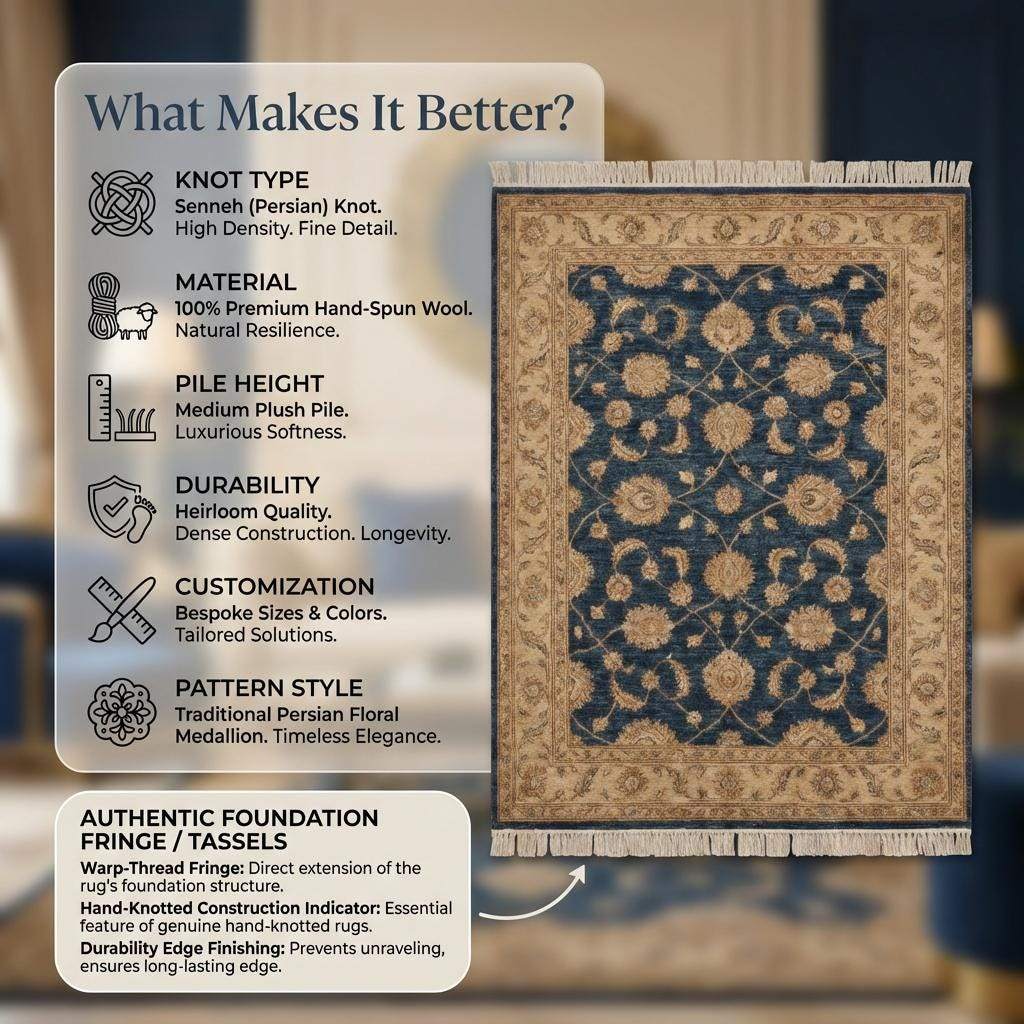Blue Persian Floral Wool Rug, Hand Knotted Traditional Living Room Carpet