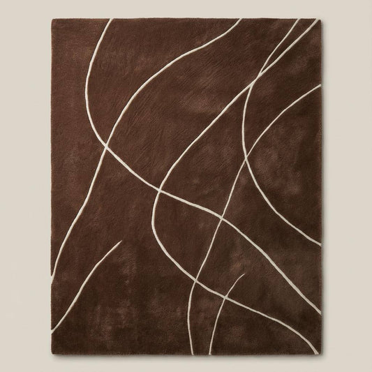 Brown abstract rug with white curved lines, modern hand tufted area carpet