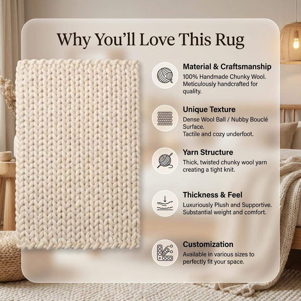 Chunky Braided Neutral Rug, Thick Textured Cream Area Rug, Cozy Minimalist Scandi Floor Decor