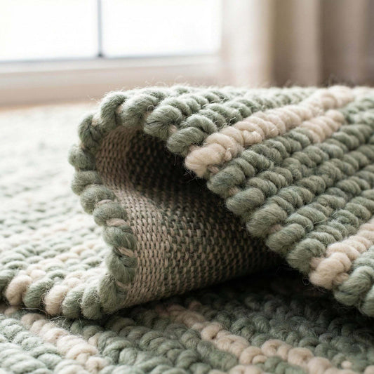 Close-up of chunky braided sage and cream wool rug with thick textured yarn