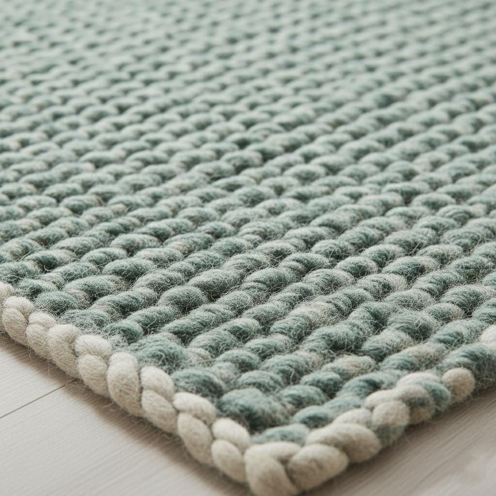 Close-up of chunky knit wool texture in mint and warm grey — handcrafted rug, rugs for nursery or bedroom, carpet, teppich.