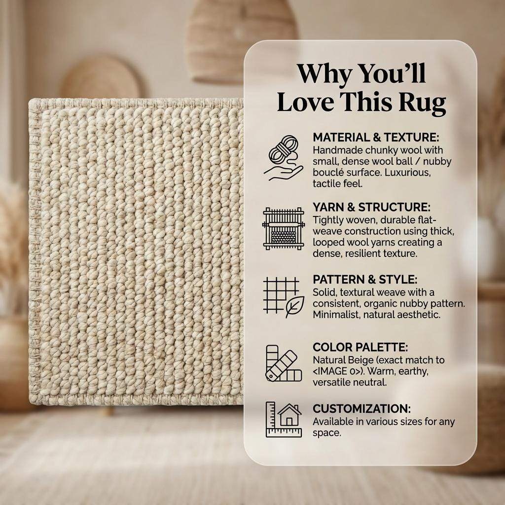 Chunky knit neutral rug with thick oversized yarn loops and soft textured natural fiber look for cozy Scandinavian interiors
