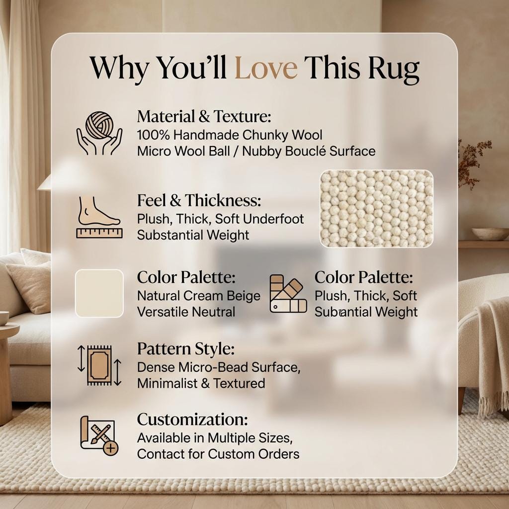 Chunky knit wool rug with cream looped texture and thick, cozy soft wool strands for warm, neutral floor accent