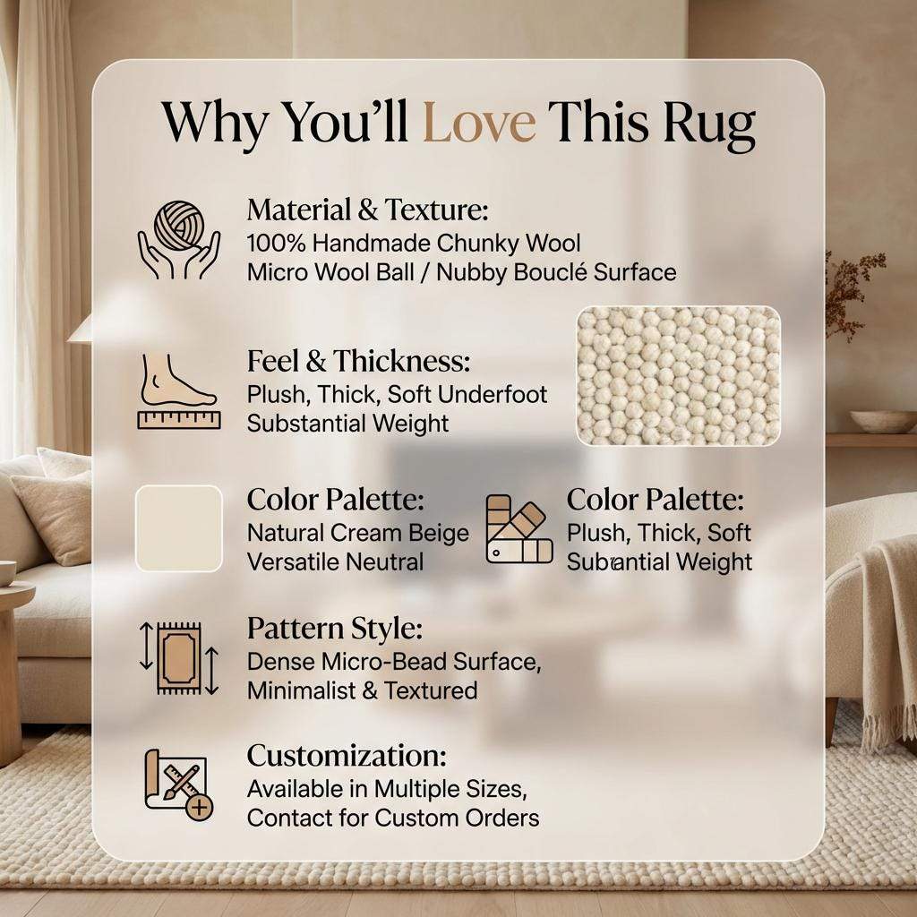 Chunky knit wool rug with cream looped texture and thick, cozy soft wool strands for warm, neutral floor accent