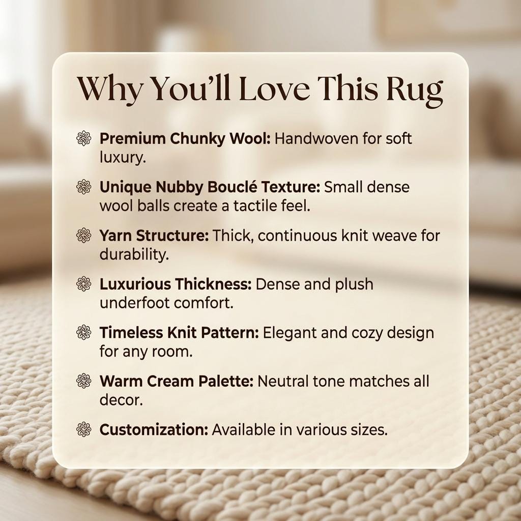 Neutral beige chunky knit wool rug with thick braided texture for cozy Scandinavian minimalist living rooms