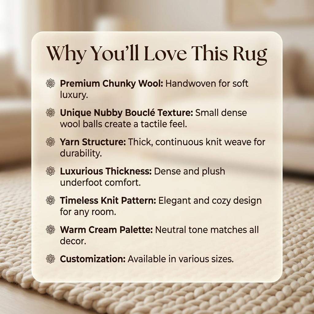 Neutral beige chunky knit wool rug with thick braided texture for cozy Scandinavian minimalist living rooms