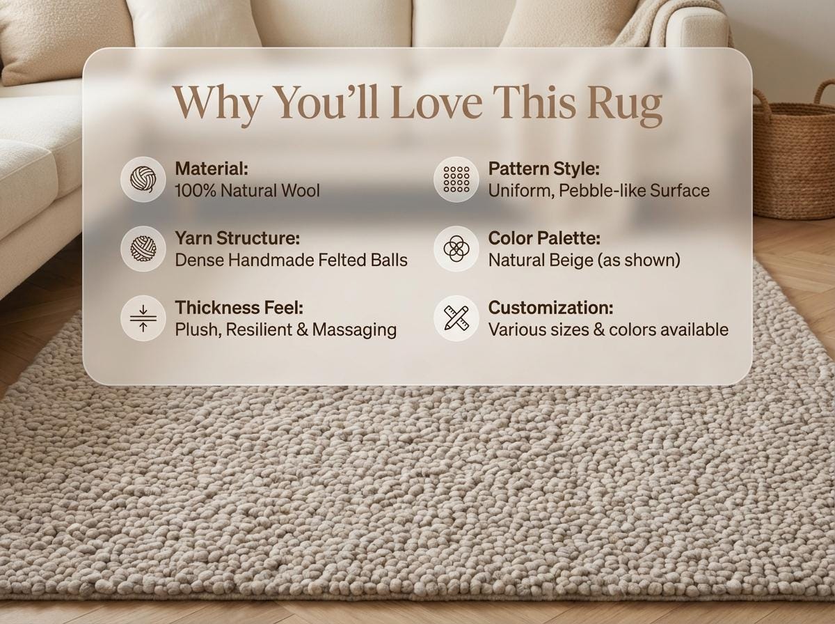 Handmade chunky knit wool rug in neutral beige with pebble texture, thick and cozy for modern minimalist spaces