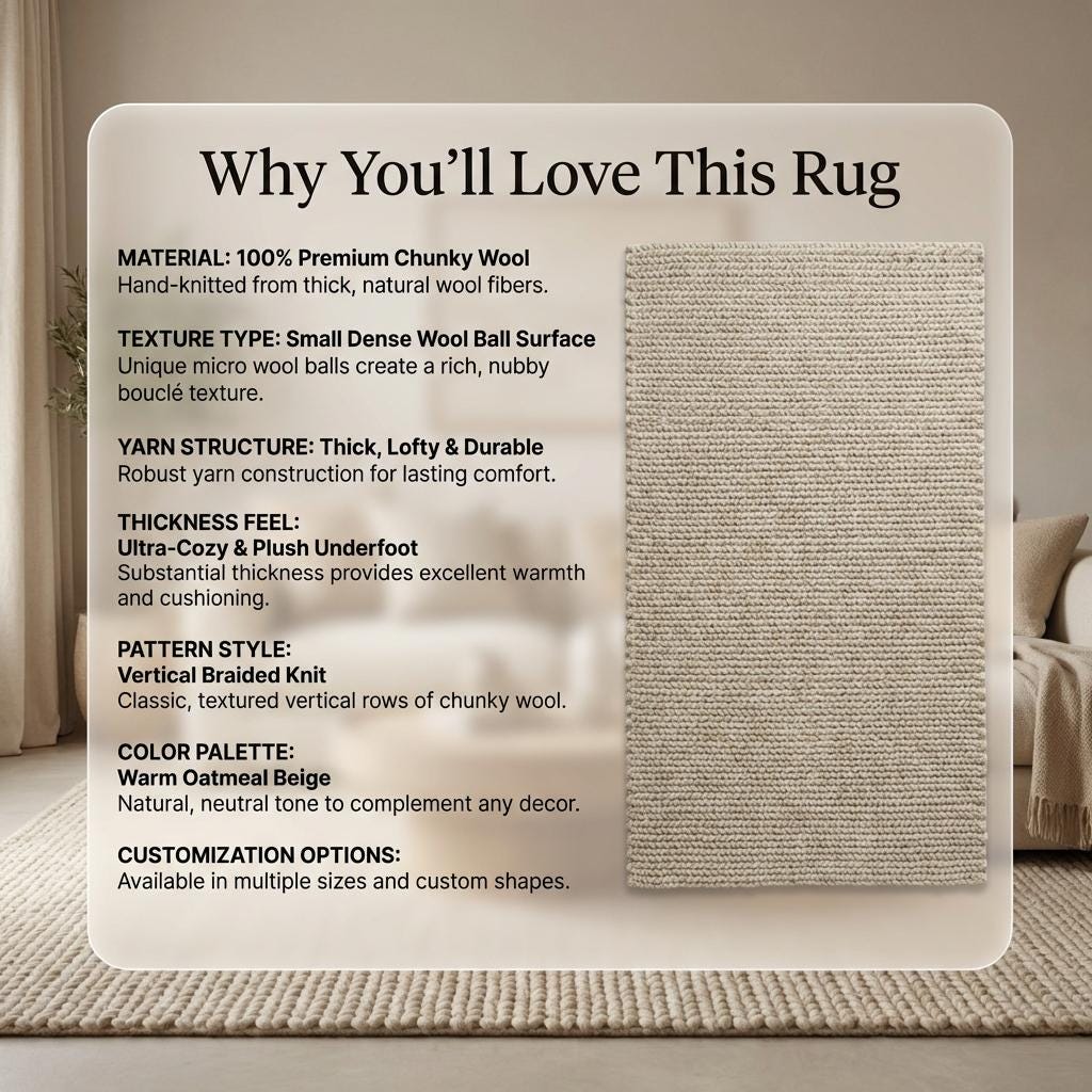 Chunky knit wool rug in neutral ivory with thick, plush texture for cozy living room décor