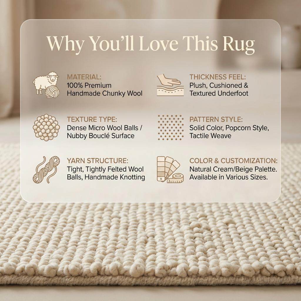 Chunky knit wool rug with thick neutral texture in cozy living room setting