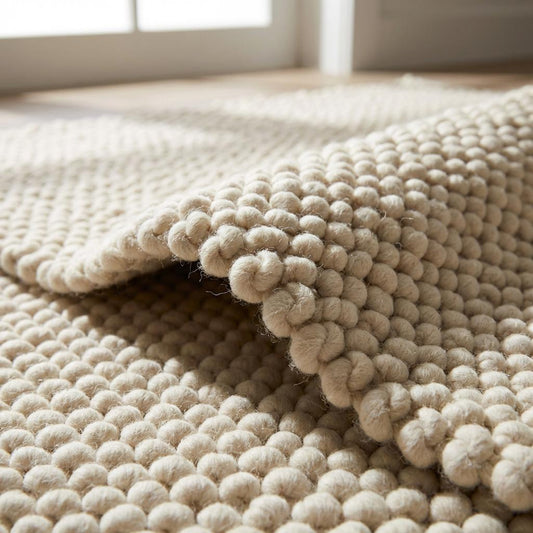 Chunky knit wool rug in ivory with thick, plush loops, perfect for cozy living rooms and nurseries.