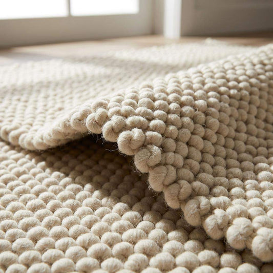 Chunky knit wool rug in ivory with thick, plush loops, perfect for cozy living rooms and nurseries.