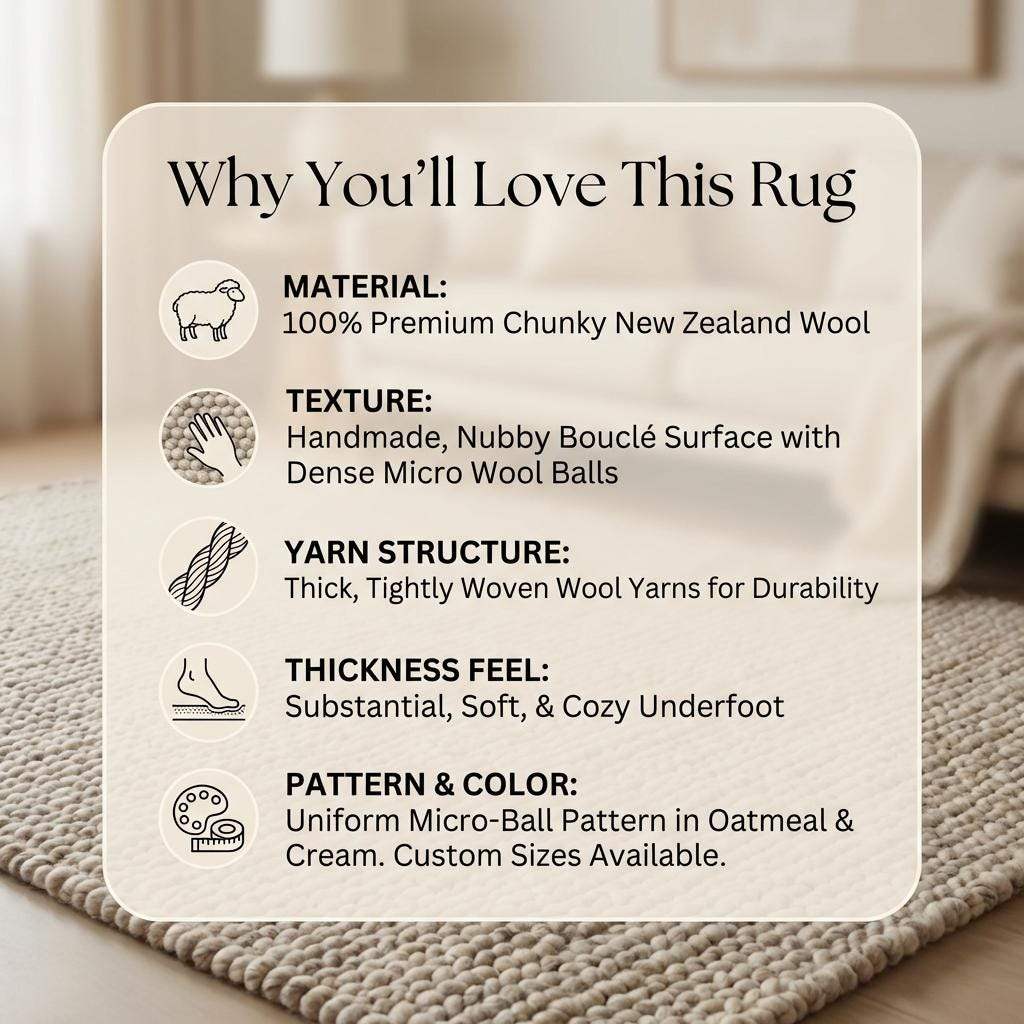 Chunky knit wool rug with thick neutral loops, soft textured luxury floor covering for cozy modern living rooms and bedrooms