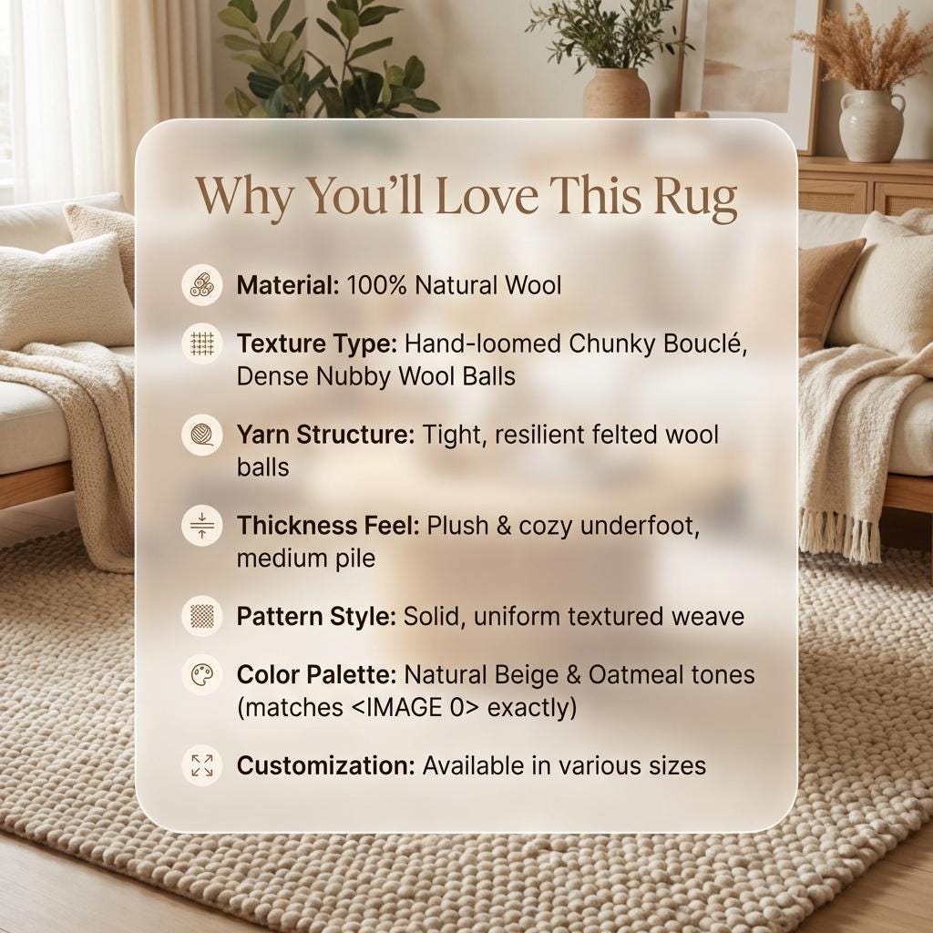 Chunky loop textured area rug in neutral cream with plush, pebble-like surface and handcrafted look.