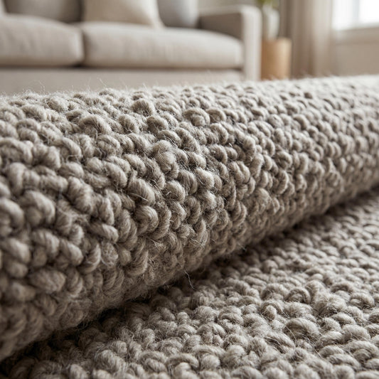 Chunky loop textured neutral rug with thick yarn loops in a minimalist Scandinavian living room setting