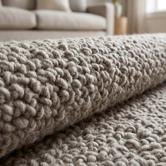 Chunky loop textured neutral rug with thick yarn loops in a minimalist Scandinavian living room setting