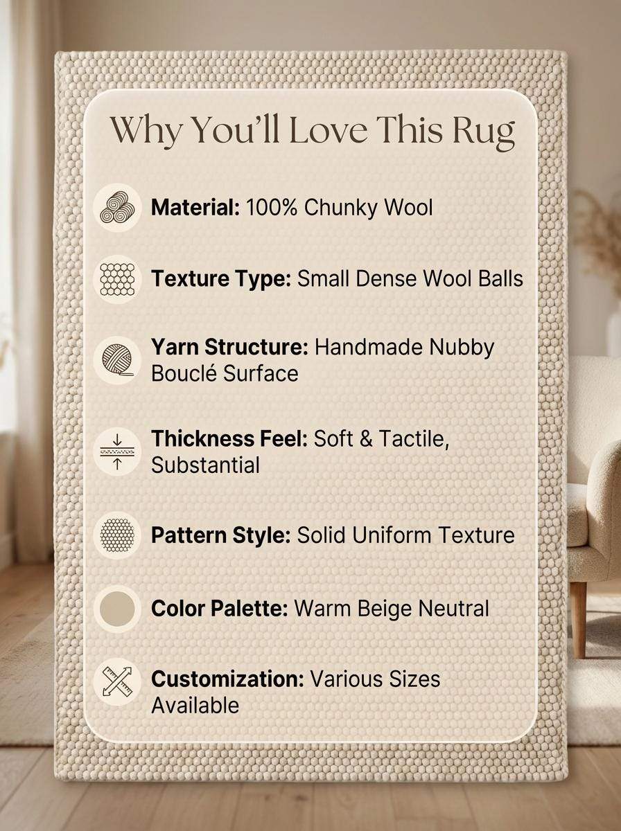 Chunky Loop Textured Rug, Cream Neutral Area Rug, Thick Handwoven Style Cozy Minimalist Floor Rug