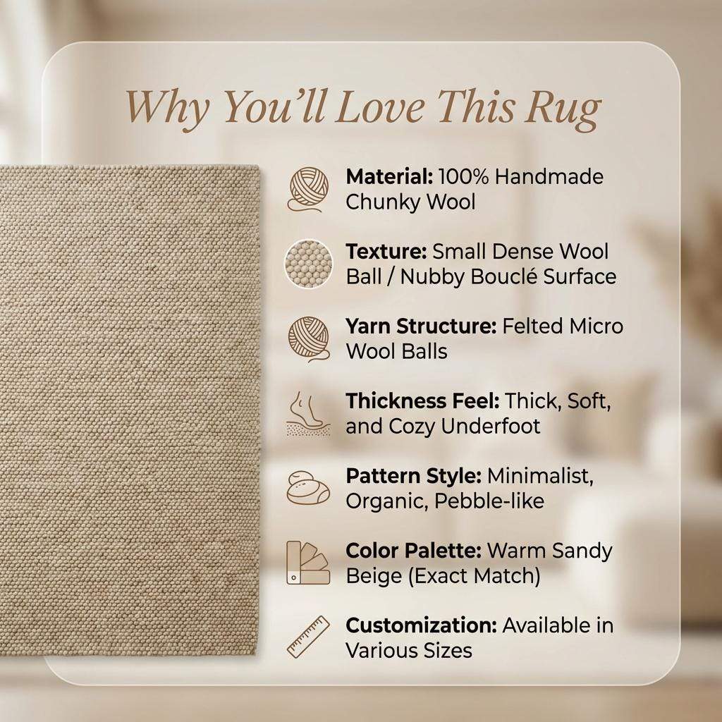 Chunky Textured Neutral Area Rug, Thick Cream Pebble Weave Cozy Floor Carpet