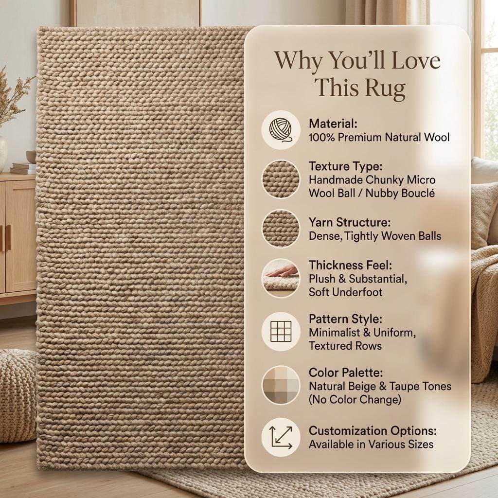Chunky wool area rug with thick braided beige texture in cozy living room setting