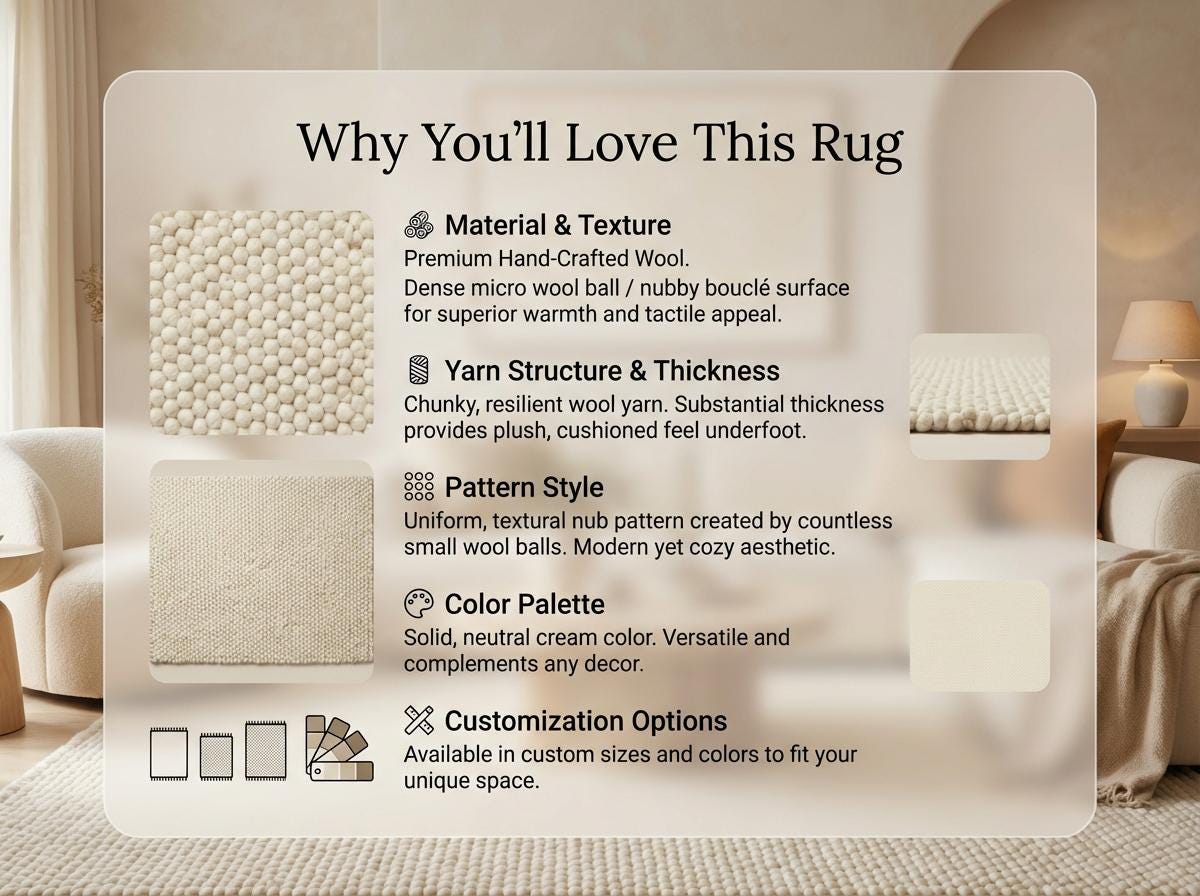 Chunky wool ivory area rug with thick oversized loops and textured Scandinavian design in a neutral living room setting