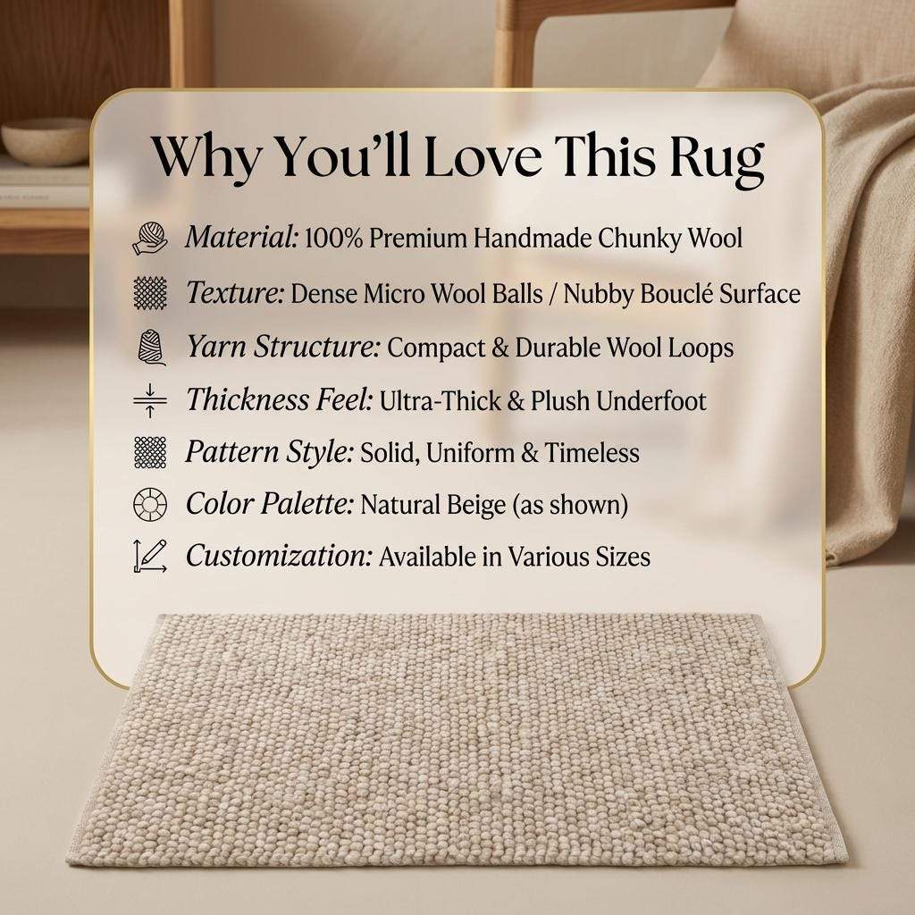 Chunky Wool Knit Neutral Area Rug, Thick Textured Loop Rug, Cozy Scandinavian Minimalist Floor Rug