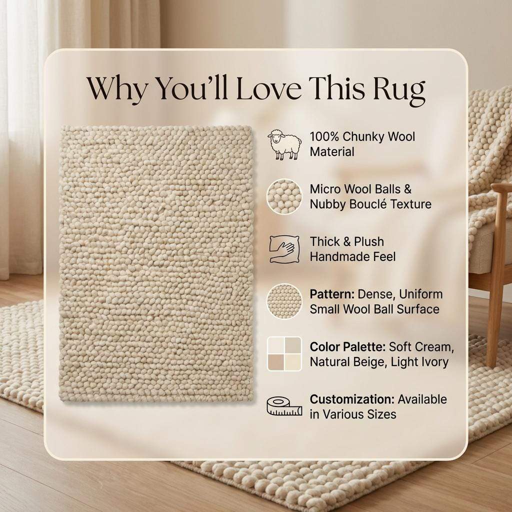 Cream chunky wool loop rug with thick textured yarn loops and modern organic design