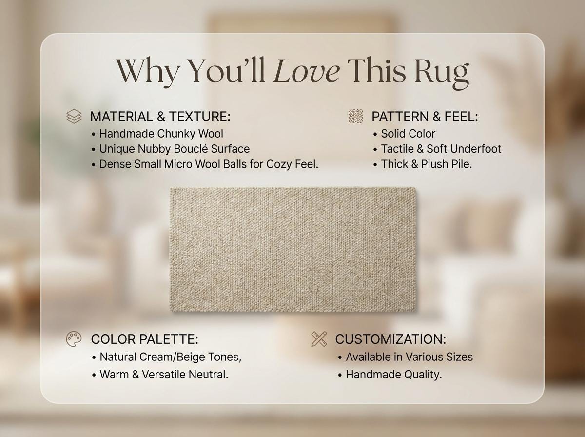 Chunky Wool Neutral Area Rug, Textured Ivory Woven Floor Rug for Cozy Modern Interiors