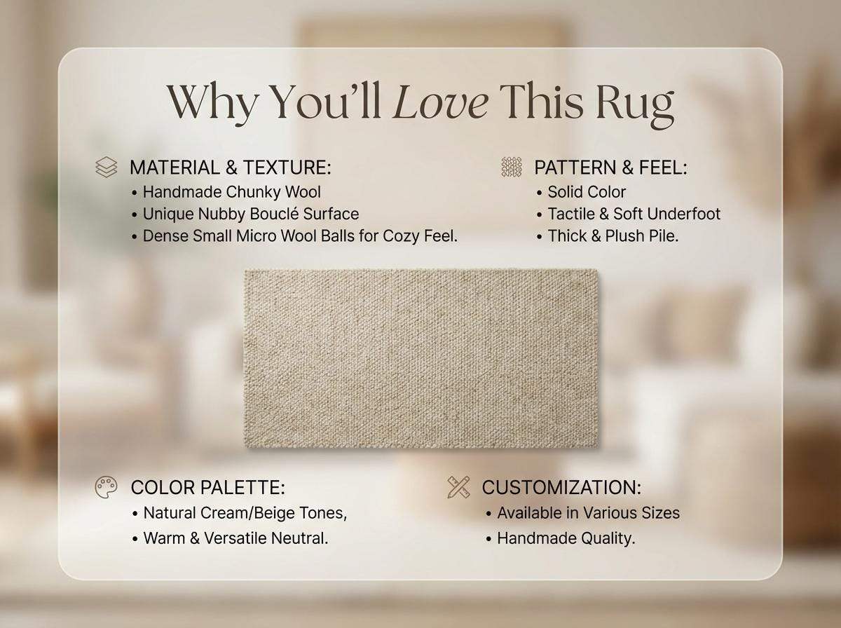 Chunky wool neutral area rug with textured ivory woven loops for cozy modern interiors