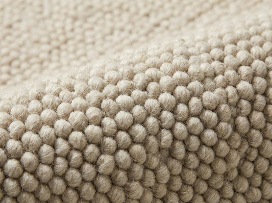 Detailed view of rounded loop texture on neutral woven area rug