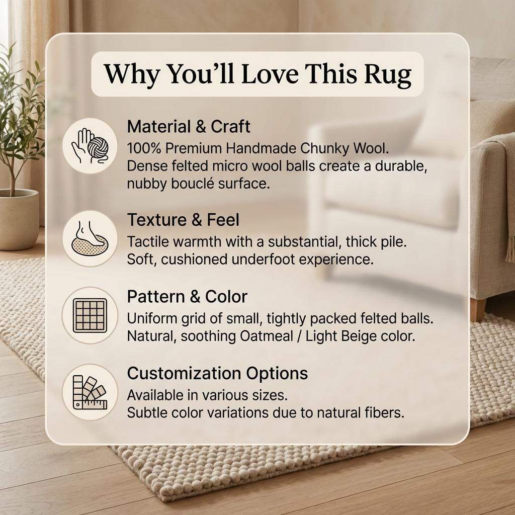 Handmade chunky wool rug with cream loop pile, thick textured neutral boho area carpet