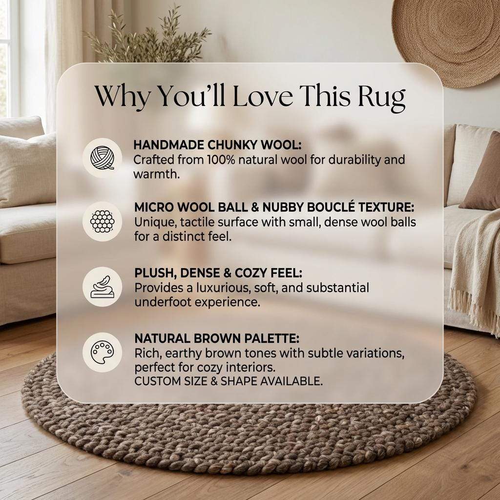 Chunky Wool Rug Handmade, Thick Loop Knit Area Rug, Cozy Neutral Farmhouse Floor Decor, Soft Textured Carpet