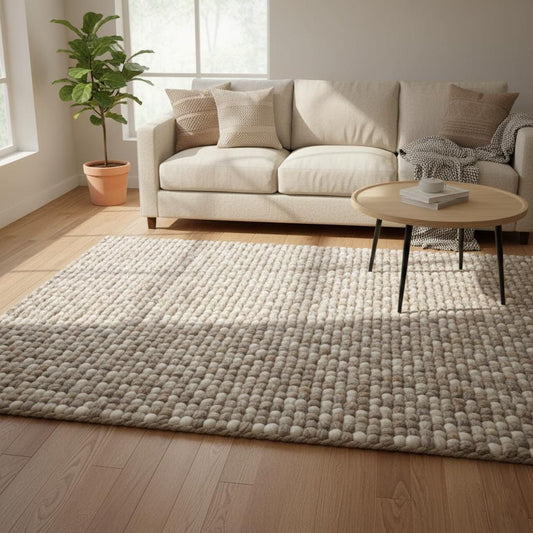 Handwoven chunky wool rug in neutral cream and beige tones with thick felted texture laying on wooden floor.