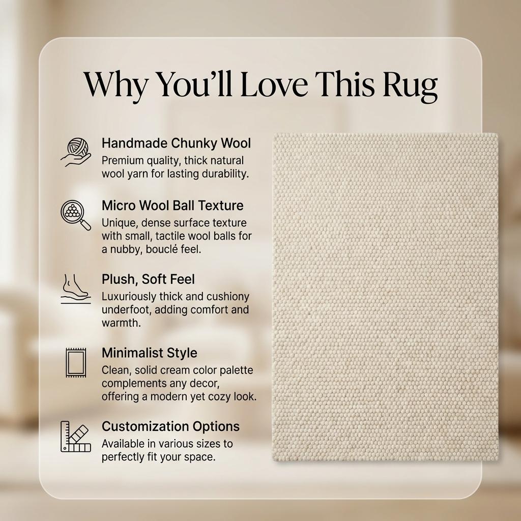 Chunky wool rug with neutral loop pile texture in minimalist living room