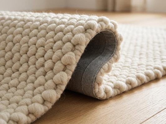 Chunky wool rug with neutral loop pile texture in modern minimalist living room