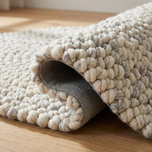 Round chunky wool rug with thick pebble texture in neutral tones for cozy Scandinavian nursery decor