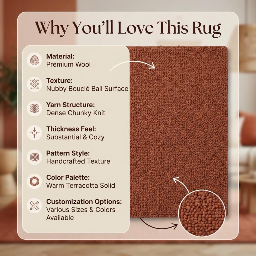 Chunky wool rug in warm rust tone with plush textured looped yarn for cozy living room or bedroom ambiance