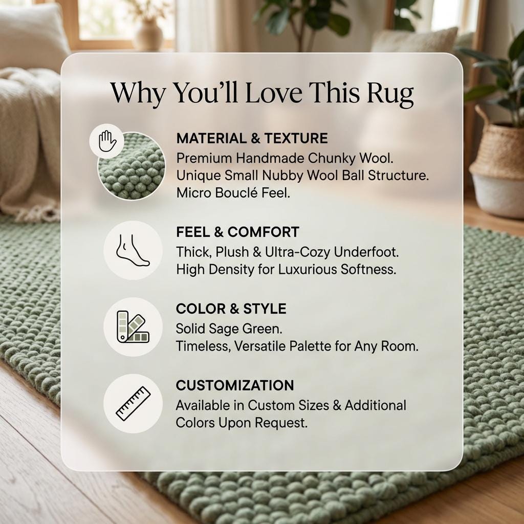 Chunky wool textured sage green area rug with thick looped texture and cozy cushioned feel