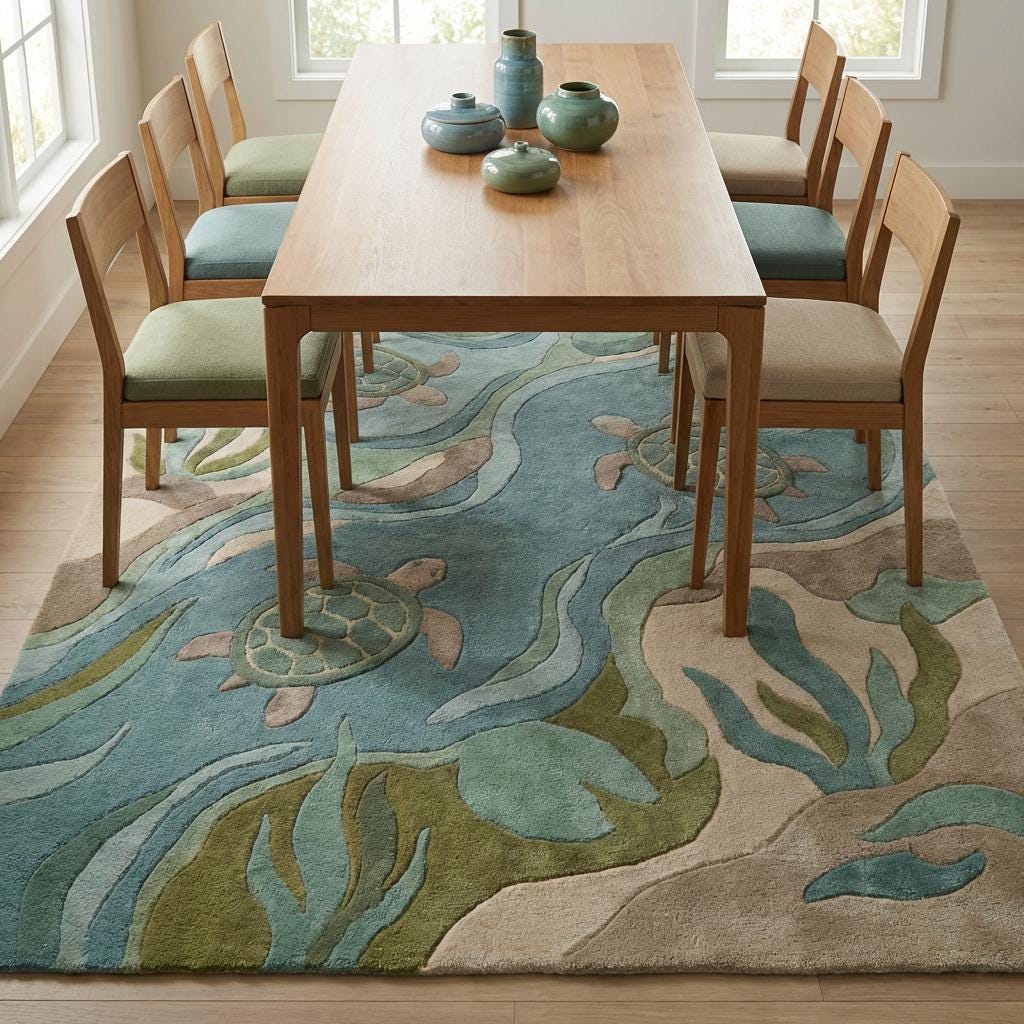 Coastal Sea Turtle Rug, Ocean Themed Area Rug, Beach House Decor, Kids Room Carpet