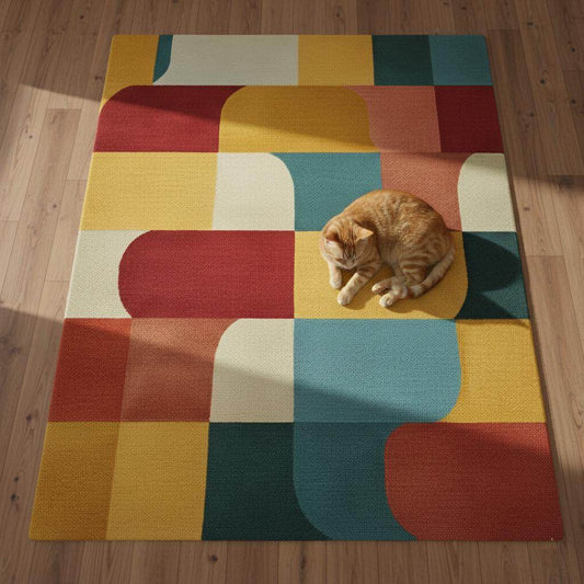 Colorful geometric area rug with bold modern block pattern in red, yellow, blue, and cream tones