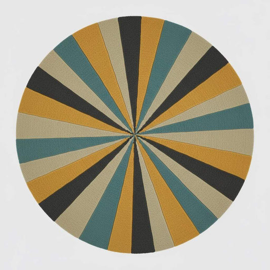 Round geometric rug with hand tufted starburst pattern in mustard and teal wool