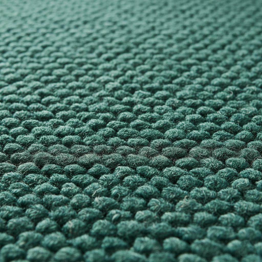 Close-up view of thick green wool rug with pebble-weave texture, cozy handcrafted carpet for living room or bedroom.