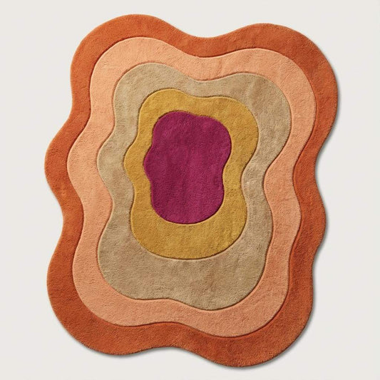 Mid century modern rug with funky groovy layered design in vibrant 70s colors and irregular organic shape